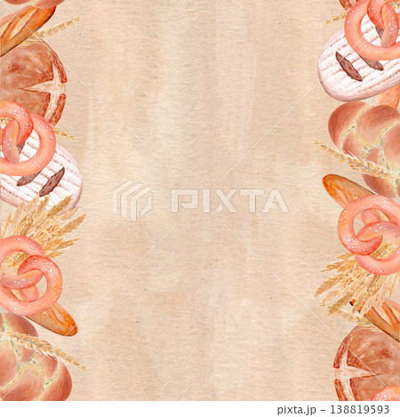 Bread, pretzel vertical bakery border on parchment paper background with wheat, baguette. Seamless watercolor frame with copy space. Hand painted illustration for packaging, menu design, cafe branding Bread, pretzel vertical bakery border on parchment paper background with wheat, baguette. Seamless watercolor frame with copy space. Hand painted illustration for packaging, menu design, cafe branding 138819593