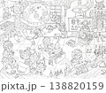 Little engineers work in robotics workshop. Large black and white coloring page. Scene of group of inquisitive children constructing and studying blueprints in creative science lab. 138820159