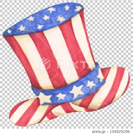 Watercolor Uncle Sam hat illustration, American flag red white blue star and stripes cap design, 4th of July Independence Day celebration decor, USA patriotic holiday accessory vintage retro symbol Watercolor Uncle Sam hat illustration, American flag red white blue star and stripes cap design, 4th of July Independence Day celebration decor, USA patriotic holiday accessory vintage retro symbol 138820206