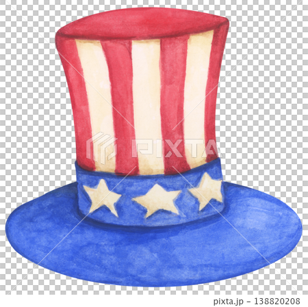 Watercolor Uncle Sam hat illustration, American flag red white blue star and stripes cap design, 4th of July Independence Day celebration decor, USA patriotic holiday accessory vintage retro symbol Watercolor Uncle Sam hat illustration, American flag red white blue star and stripes cap design, 4th of July Independence Day celebration decor, USA patriotic holiday accessory vintage retro symbol 138820208