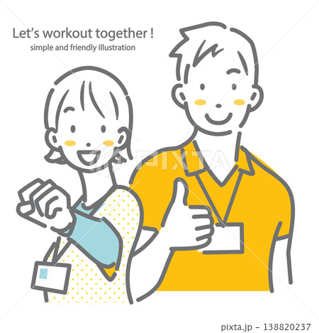 ポジティブで笑顔のフィットネスクラブのインストラクター　シンプルでお洒落な線画イラスト 138820237