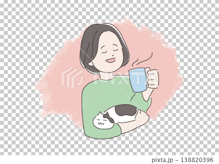 An illustration of a woman relaxing with a cat and drinking coffee. 138820396