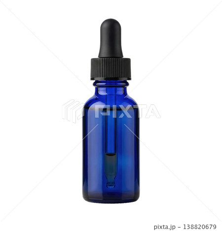 Transparent blue glass bottle with pipette, perfect for cosmetic or medical liquid product. 138820679