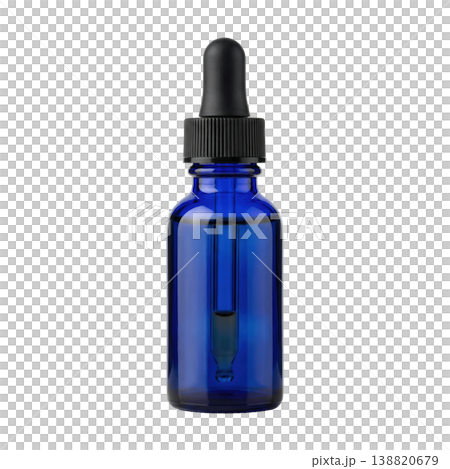Transparent blue glass bottle with pipette, perfect for cosmetic or medical liquid product. 138820679