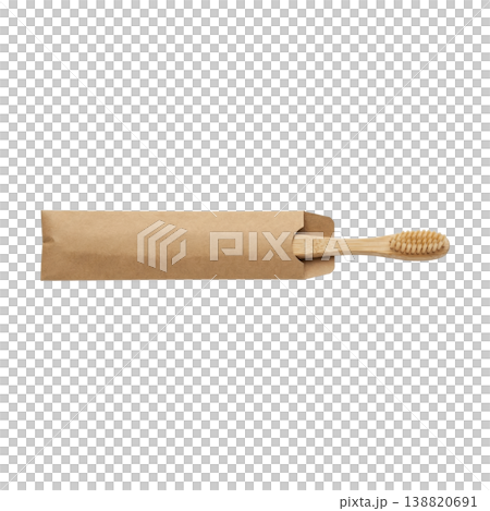 Eco-friendly bamboo toothbrush in minimalist brown packaging, representing conscious dental routine and plastic-free living. 138820691