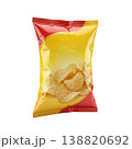 Crispy classic potato chips, snack food packaging, ready for retail display on white surface. 138820692