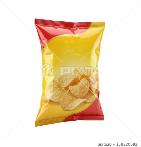 Crispy classic potato chips, snack food packaging, ready for retail display on white surface. 138820692
