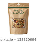 Delicious organic granola oats, nuts, seeds, honey almond mix in natural brown Kraft paper stand-up pouch. 138820694