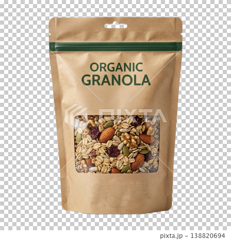 Delicious organic granola oats, nuts, seeds, honey almond mix in natural brown Kraft paper stand-up pouch. 138820694