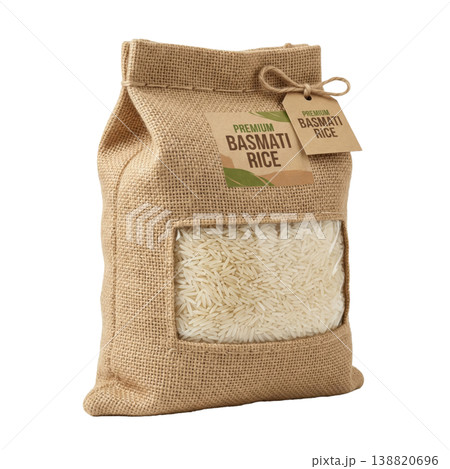 Uncooked long grain basmati rice in hessian bag, natural texture, healthy nutritious ingredient. 138820696