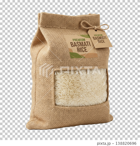 Uncooked long grain basmati rice in hessian bag, natural texture, healthy nutritious ingredient. 138820696