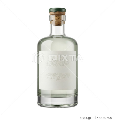 Premium alcoholic spirit in stylish clear bottle with natural cork, presented as studio packshot. 138820700
