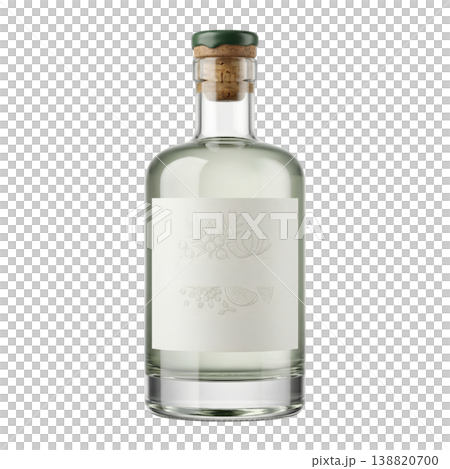 Premium alcoholic spirit in stylish clear bottle with natural cork, presented as studio packshot. 138820700