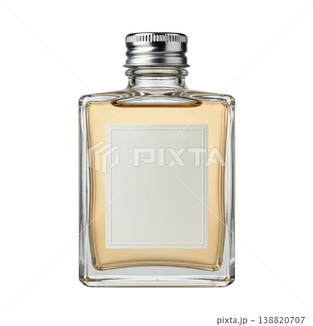 Vintage refreshing aftershave lotion bottle, clear glass, textured label, white studio setting. Essential male grooming. 138820707