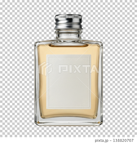 Vintage refreshing aftershave lotion bottle, clear glass, textured label, white studio setting. Essential male grooming. 138820707