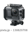 Compact digital camera in robust protective case for extreme sports, studio shot, no people. 138820708