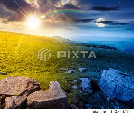 day meet night. mountain summer time landscape. sun and moon over meadow with giant stones among the grass on the hillside. epic view near the peak of mountain smooth at twilight. harmony concept day meet night. mountain summer time landscape. sun and moon over meadow with giant stones among the grass on the hillside. epic view near the peak of mountain smooth at twilight. harmony concept 138820712