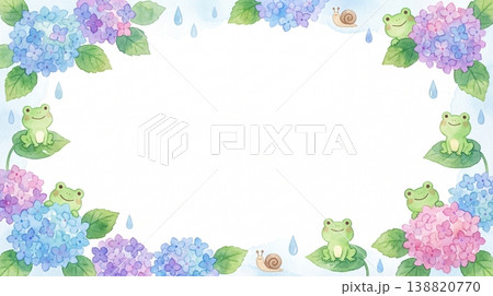カエルと紫陽花フレーム 梅雨水彩 カエルと紫陽花フレーム 梅雨水彩 138820770