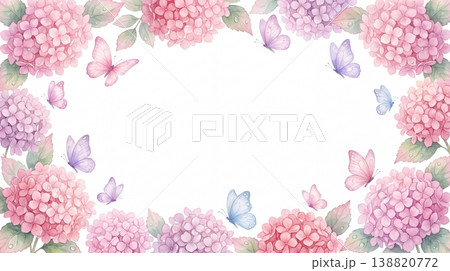 ピンク紫陽花と蝶のフレーム 水彩 138820772