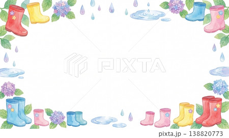 長靴と雨のフレーム 梅雨水彩飾り枠 138820773