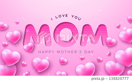 Happy Mother's Day Banner with Hearts and Cut Out I love You Mom Typography Lettering on Pink Background. Vector Motherhood Celebration Design with Symbol of Love for Greeting Card, Banner, Flyer Happy Mother's Day Banner with Hearts and Cut Out I love You Mom Typography Lettering on Pink Background. Vector Motherhood Celebration Design with Symbol of Love for Greeting Card, Banner, Flyer 138820777