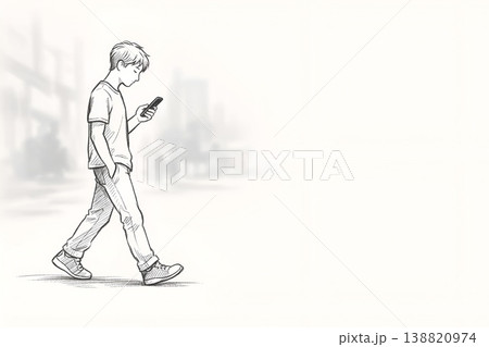 歩きスマホ注意の手書き人物が街中で歩行中危険な状況の注意喚起 138820974