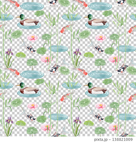 Seamless koi fish watercolor pattern with lotus flowers, lily pads, water ripples. Japanese carp, repeating pond background isolated on white for textile, wallpaper, wrapping, packaging, design Seamless koi fish watercolor pattern with lotus flowers, lily pads, water ripples. Japanese carp, repeating pond background isolated on white for textile, wallpaper, wrapping, packaging, design 138821009