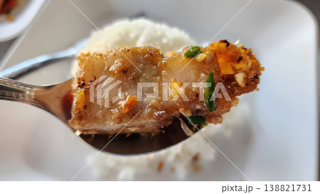 Delicious Crispy Fried Pork Belly with Garlic and Chili on Spoon over Jasmine Rice Delicious Crispy Fried Pork Belly with Garlic and Chili on Spoon over Jasmine Rice 138821731