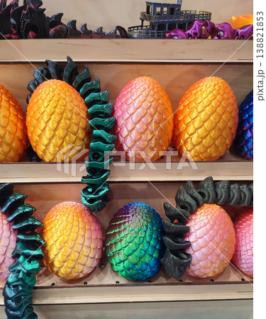 3D printed different art objects. Objects printed on 3D printer from melted colored plastic. Multicolored models created on 3D printer from threads of molten plastic. Modern new additive technologies 138821853