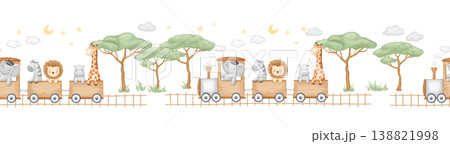 Cute seamless border with train with african happy cartoon animals on isolated background, repeating childish watercolour painting of retro transport Cute seamless border with train with african happy cartoon animals on isolated background, repeating childish watercolour painting of retro transport 138821998