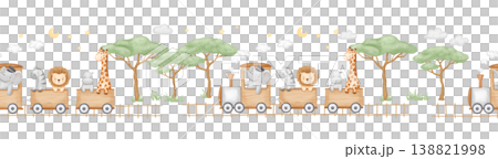 Cute seamless border with train with african happy cartoon animals on isolated background, repeating childish watercolour painting of retro transport Cute seamless border with train with african happy cartoon animals on isolated background, repeating childish watercolour painting of retro transport 138821998