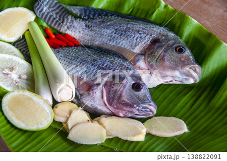 Fresh whole tilapia fish arranged on green banana leaves with lime slices and white mushrooms. Fresh whole tilapia fish arranged on green banana leaves with lime slices and white mushrooms. 138822091