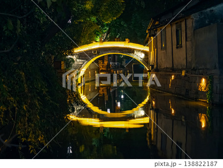 Golden illuminated stone arch bridge casting a vibrant reflection on a quiet canal in a historic Asian water town at night 138822187