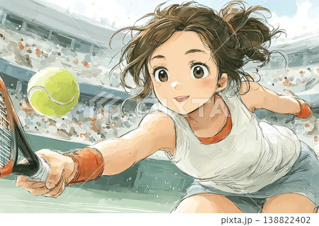 美優シリーズ：観客席のあるコートでフォアハンドを打つ女子高校生テニス選手のイラスト素材 138822402