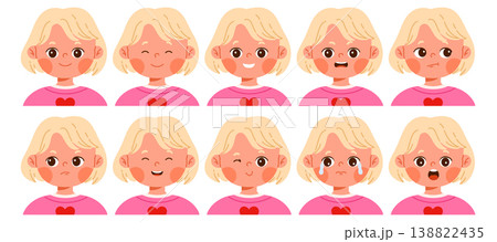 Set of cute blond girl character with different facial expressions. Child avatar with various emotions as happy, sad, surprised, angry, confused and smiling. Isolated vector illustration Set of cute blond girl character with different facial expressions. Child avatar with various emotions as happy, sad, surprised, angry, confused and smiling. Isolated vector illustration 138822435