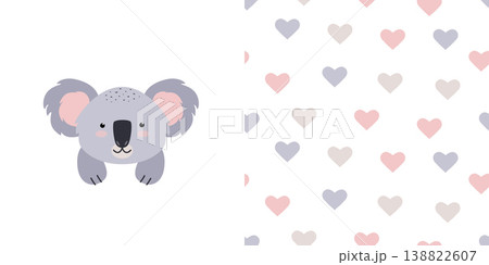 Cute koala face with paws. Seamless pattern of hearts in a pastel palette. Vector illustration background for posters, T-shirt print, postcard. Kids card print template and seamless background pattern 138822607