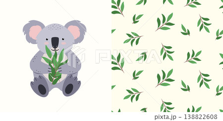 Cute koala eats eucalyptus leaves. Seamless pattern with green leaves. Vector illustration set of clip art and endless background. 138822608