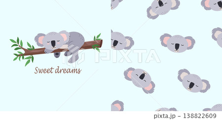 Cute koala Sleeping on a eucalyptus tree. Seamless pattern of a sleeping koala. vector illustration for posters, T-shirt print, postcard. Kids card print template and seamless background pattern set. Cute koala Sleeping on a eucalyptus tree. Seamless pattern of a sleeping koala. vector illustration for posters, T-shirt print, postcard. Kids card print template and seamless background pattern set. 138822609