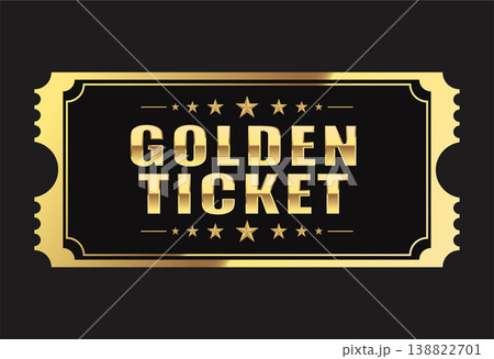 Premium golden ticket design on a black background featuring a bold metallic gradient, decorative stars, and an elegant Art Deco frame. Perfect for VIP invitations, luxury event passes, lottery winner Premium golden ticket design on a black background featuring a bold metallic gradient, decorative stars, and an elegant Art Deco frame. Perfect for VIP invitations, luxury event passes, lottery winner 138822701