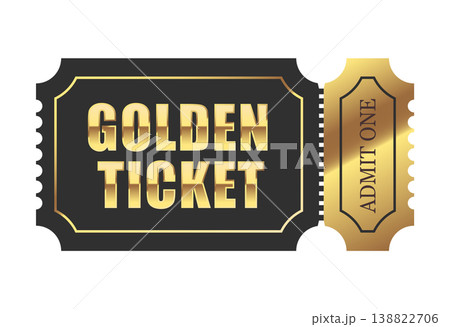 Luxury golden ticket design on a black background featuring a bold metallic gradient, elegant borders, and an "Admit One" tear-off section. Ideal for high-end events, VIP invitations, luxury cinema, a Luxury golden ticket design on a black background featuring a bold metallic gradient, elegant borders, and an "Admit One" tear-off section. Ideal for high-end events, VIP invitations, luxury cinema, a 138822706