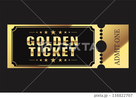 Premium golden ticket design on a dark background featuring a bold metallic gradient, elegant Art Deco borders, and decorative stars. Includes a perforated "Admit One" section, ideal for VIP event inv 138822707