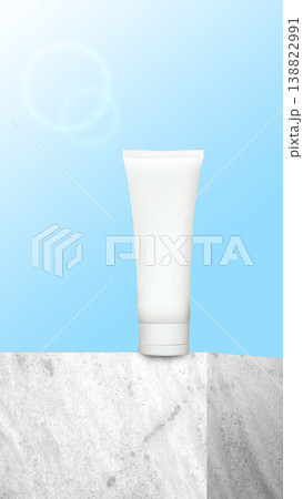 A blank white squeeze tube for sunscreen or lotion sits on a marble podium against a bright blue sunny sky. Minimalist product mock-up for beauty and skincare branding A blank white squeeze tube for sunscreen or lotion sits on a marble podium against a bright blue sunny sky. Minimalist product mock-up for beauty and skincare branding 138822991