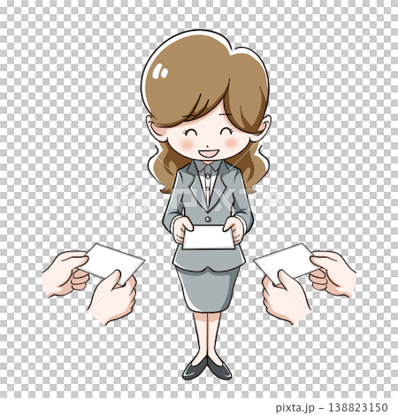 一位身著職業套裝的女商人面帶微笑地交換名片。 138823150