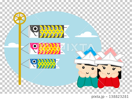 A boy and a girl wearing origami helmets gaze at carp streamers. A boy and a girl wearing origami helmets gaze at carp streamers. 138823281