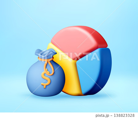 3d money bag with dollar sign and pie chart. 138823328