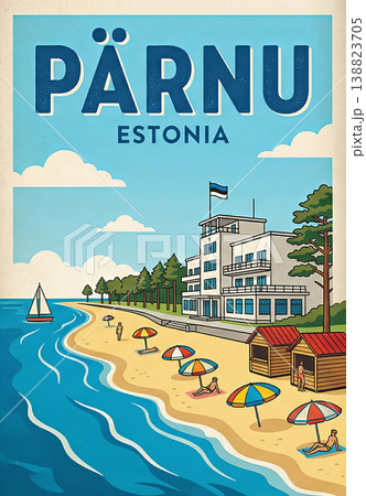 Vintage travel poster, Parnu, Estonia, art in the style of retro illustration, clean flat colors, sharp outlines, vibrant colors 138823705