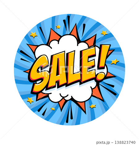 Round sale badge in playful comic style with red lettering on white cloud shape, framed by blue spikes and sparkling star accents on a spiral background for promotions, seasonal discounts Round sale badge in playful comic style with red lettering on white cloud shape, framed by blue spikes and sparkling star accents on a spiral background for promotions, seasonal discounts 138823740