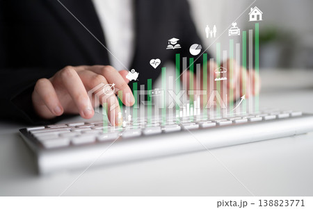 Professional Businesswoman Analyzing Data on Keyboard with Financial Growth Graphics and Digital Icons in Modern Office Setup Quark Professional Businesswoman Analyzing Data on Keyboard with Financial Growth Graphics and Digital Icons in Modern Office Setup Quark 138823771