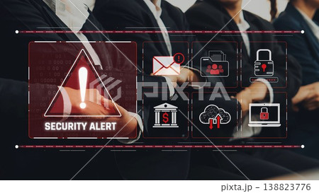 Security Alert Notification with Digital Icons Representing Data Protection, Communication, Banking, and Privacy in Corporate Environment. Raster Security Alert Notification with Digital Icons Representing Data Protection, Communication, Banking, and Privacy in Corporate Environment. Raster 138823776