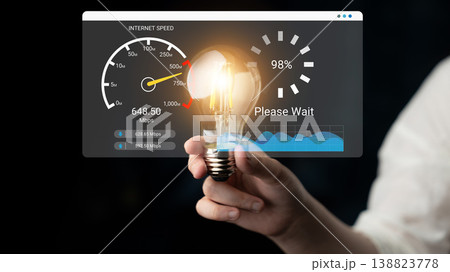 Internet Speed Test and Lightbulb Conceptual Image Reflecting Technology and Connectivity in Digital Age Ledger Internet Speed Test and Lightbulb Conceptual Image Reflecting Technology and Connectivity in Digital Age Ledger 138823778